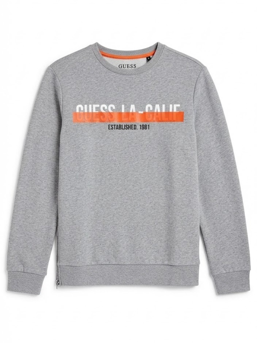 GUESS Crewneck Sweater in Gray with Orange Stripe